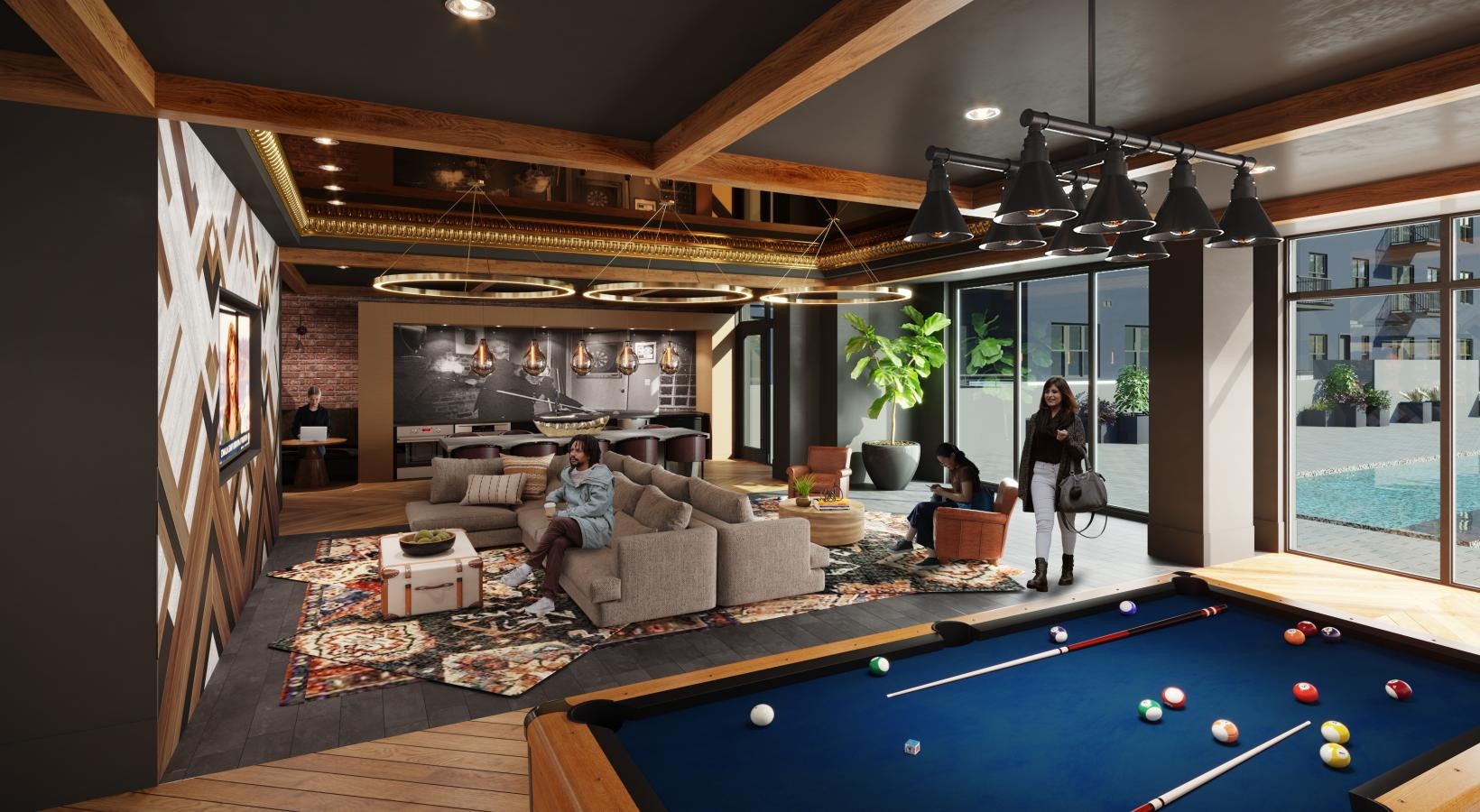 Find your perfect fit at The Wayward The resident lounge at The Wayward apartments in Nashville, TN, featuring a billiards table and couches.